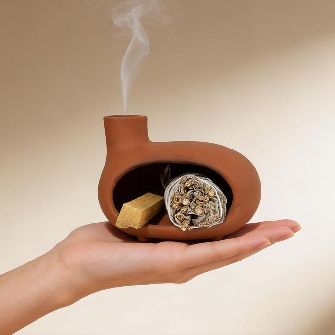Handmade Terracotta Orange-red Palo Santo Holder - Mini Chiminea Incense Burner Chimney for Palo Santo Sticks, Sage & Cones - Smudge Bowl for Energy Cleansing,Meditation & Aromatherapy Gifts