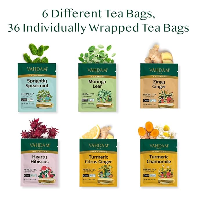 VAHDAM, Assorted Herbal Tea Gift Set (36 Tea Bags, 6 Flavors) Caffeine-Free, Non-GMO | Double Infusion, Individually Enveloped Tea Bags | Herbal Tea variety Pack | Valentines Day Gifts for Him & Her - Bloomnest