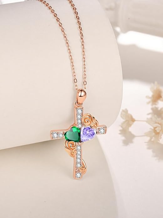 Rose Gold Dual Birthstones Cross Necklace for Women Rose Flower Jewelry Anniversary Christmas Mother's Valentine's Day Birthday Gift for Wife Girlfriend Mom - Bloomnest