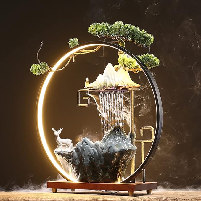 17In Water Fountains Indoor Tabletop Water Fall Humidifier with LED Light and Atomizer Mist, Zen Decor Meditation Japanese Decor Fake Plants Feng Shui Decor Festival Birthday Gift for Good Luck Wealth - Bloomnest