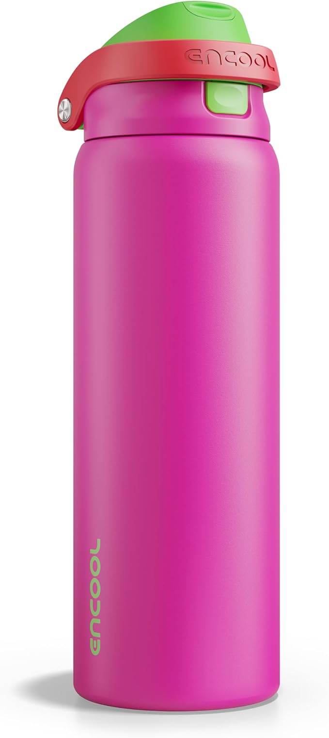 ENCOOL Leakproof Insulated Water Bottle with Straw Dual-Sip Water Bottle Bag-Safe Design for Work, Commute & Gym – Keeps Drinks Cold All Day, 32 oz, Neon Pink ENCOOL