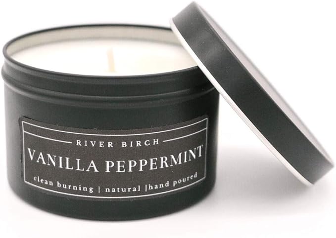 River Birch Candles Vanilla Peppermint Scented Candle | Premium, All-Natural, Non-Toxic, Soy Candles | 8 oz. Black Matte Tin Travel Candle | Cozy Relaxing Gifts for Home - Bloomnest