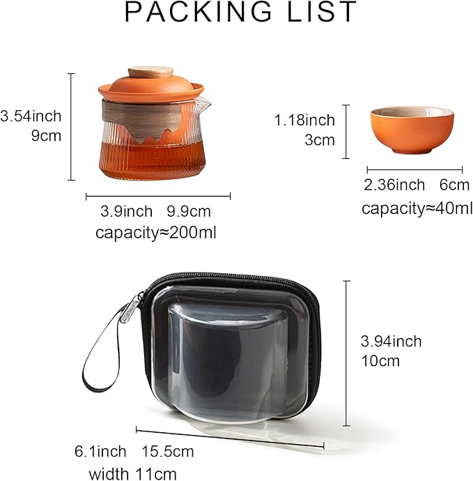 fanquare Ceramic Tea Pot Set for 2 Porcelain Kung Fu Tea Set with Mini Teacups Tea Infuser Portable Handbag for Travel Tea Pot with Wooden Protection Layer, Orange - Bloomnest