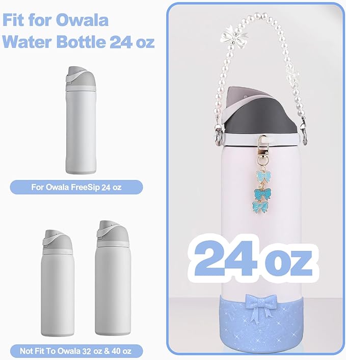 Water Bottle Accessories Set for Owala FreeSip 24oz、32 oz– Includes Pearl Handle Strap, Bow Charms,2.9in .3inch Silicone Bling Boot for Owala Accessories for Women Bloomnest