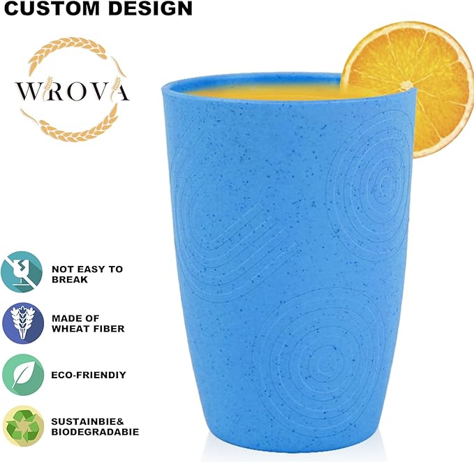 Wrova Wheat Straw Cups 8 PCS Good Alternative to Plastic Reusable Cups 12 oz Unbreakable Drinking Cup Reusable Dishwasher Safe Water Plastic Glasses,White-Grey-Blue - Bloomnest