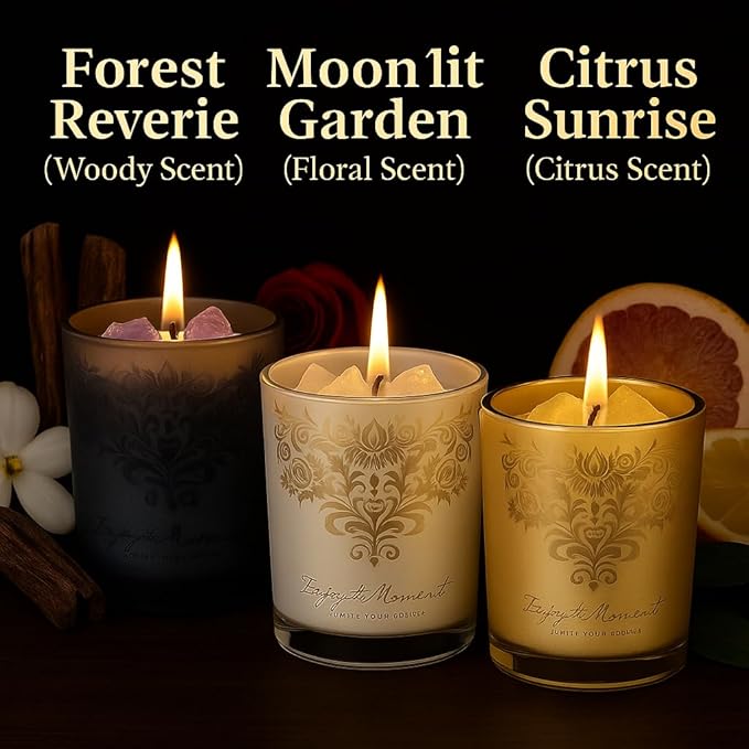 Luxury Scented Candle Gift Set – 3 Crystal Soy & Beeswax Aromatherapy Candle with Snuffer Lid & Wick Trimmer,7oz/each | Floral & Citrus Scents, Candles for Women, candles for home Scented & Relaxation - Bloomnest