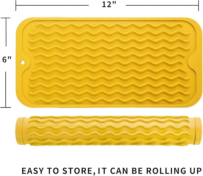 Silicone Dish Drying Mat for Multiple Usage,Easy clean,Eco-friendly,Heat-resistant Silicone Mat for Kitchen Counter or Sink,Refrigerator or Drawer Liner Yellow S 12 inches x 6 inches - Bloomnest