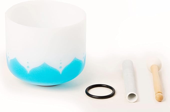 Leize Crystal Singing Bowl 432hz G Note Throat Chakra Blue Lotus Design 8" Wide with Suede Striker - Bloomnest