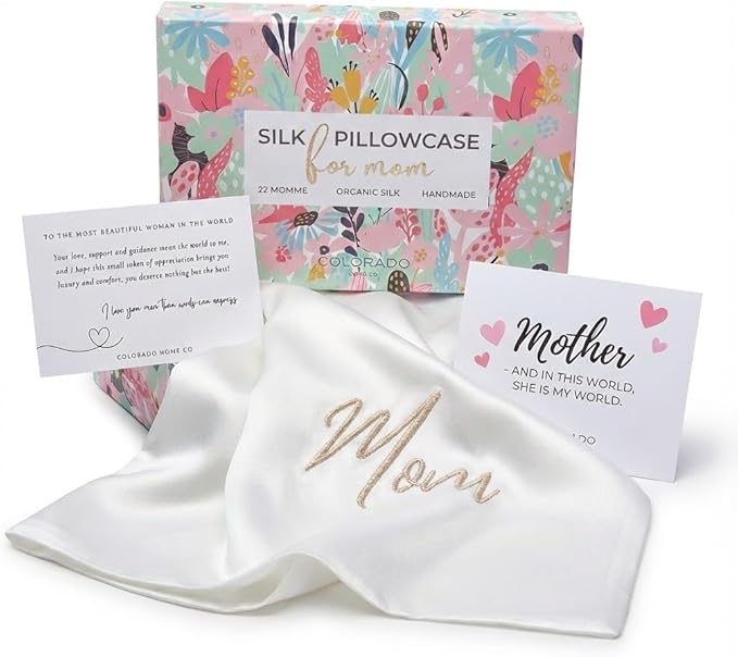 Mom Silk Pillowcase with Mom Embroidery for Mother's Day, for Mom, Wife, Daughter or Sister, Mother's Day Insert Card with Gift Box - Bloomnest
