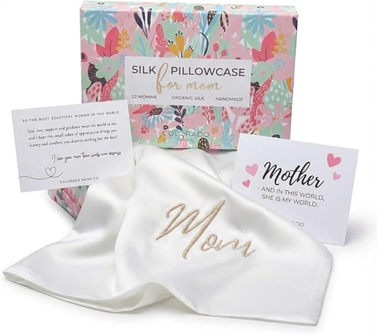 Mom Silk Pillowcase with Mom Embroidery for Mother's Day, for Mom, Wife, Daughter or Sister, Mother's Day Insert Card with Gift Box - Bloomnest
