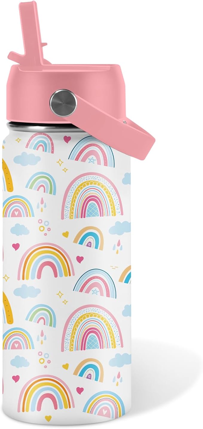 16oz Rainbow Tumbler Cup with Handle and Straw - Pink Stainless Steel Water Bottle for Women Men - Insulated Double Wall Travel Mug, Sweatproof, Non-Slip Base - Birthday Gift Ideas - Bloomnest