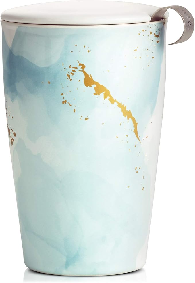 Tea Forte Double-Walled Ceramic Kati Cup, Removable Stainless Steel Infuser Basket and Lid, Steeps 12 oz Loose Leaf Tea, Dishwasher & Microwave Safe, Wellbeing - Bloomnest