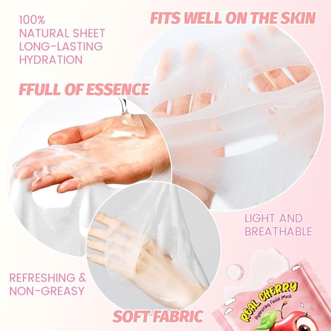 8 Pack Cherry Face Mask,Pink Face Masks Skincare Spa Day Kit Supplies,Spa Party Favors for Women,Sheet Facial Mask Skincare Gifts Set,Moisturize Soothe for All Skin Types - Bloomnest