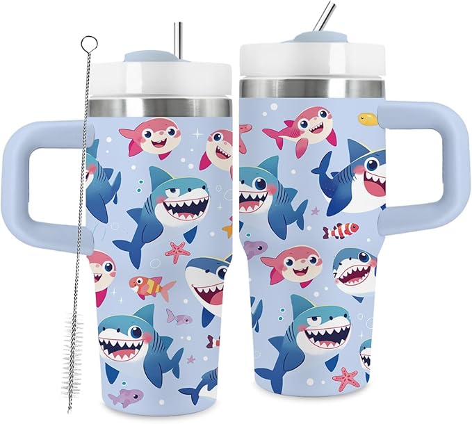 14oz Smiling Shark Tumbler with Handle and Straw, Stainless Steel Vacuum Insulated Tumblers, Birthday Gifts Shark Lover, Daughter, Son, Sister - Bloomnest