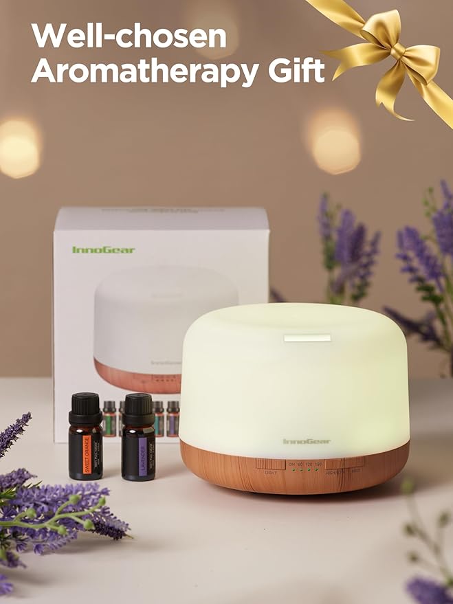 InnoGear Aromatherapy Diffuser & 10 Essential Oils Set, 500ml Essential Oil Diffuser with Remote Control Ultrasonic Cool Mist Scent Humidifier Vaporizer Auto-Off Timer for Room Office Home, Yellow - Bloomnest
