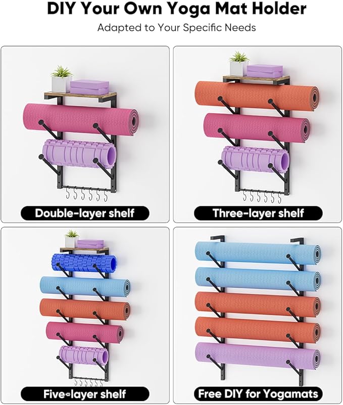 5 Tiers Yoga Mat Holder Rack Wall Mount with 6 Hooks for Hanging Accessory Yoga Strap Foam Rollers Resistance Bands, Yoga Mats Organizer with Floating Shelf for Home Gym Storage Fitness