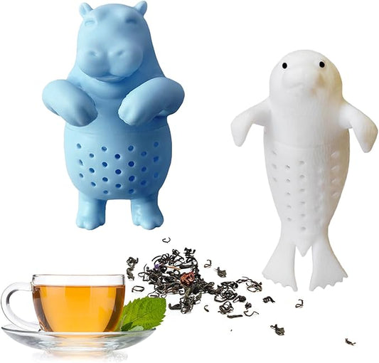 2 pcs silicone Tea Infuser,loose tea strainer,Cute tea infuser gift set for loose leaf tea, reusable tea infuser,is ideal gift for tea lovers (Seals + Hippos)
