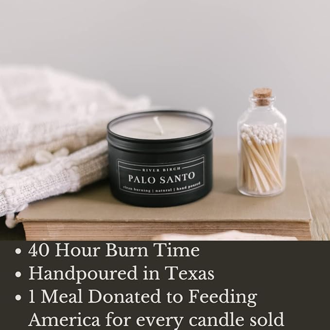 River Birch Premium, All-Natural, Non-Toxic Soy Candle | Palo Santo Scented | 8 oz. Black Matte Tin Travel Candle | Cozy Relaxing Gifts for Home - Bloomnest