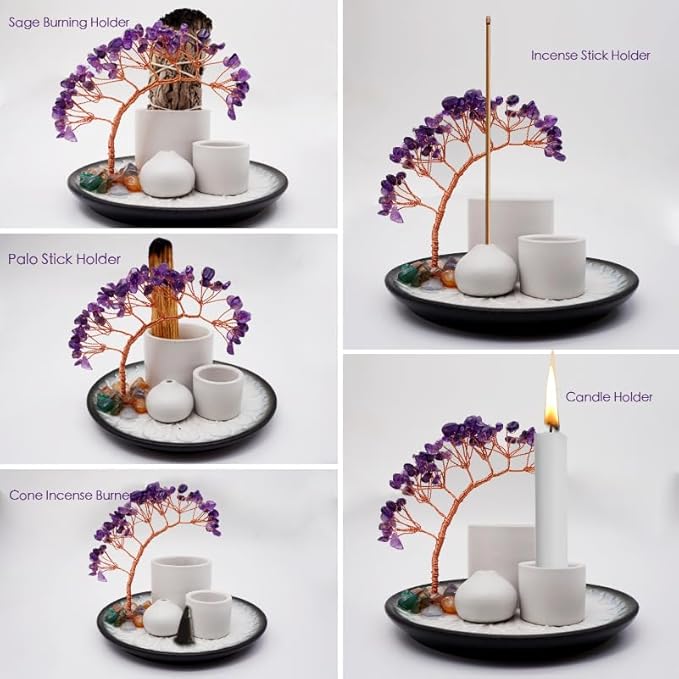 5 in 1 Incense Burner Holder with Crystal Tree for Burning Palo Santo Stick, Sage, Incense Sticks, Candle, Ceramic Tray Ash Catcher, Meditation Gift (Purple) YIENENG