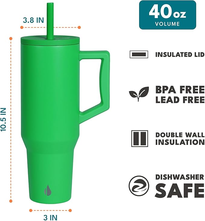 Elemental 40 oz Tumbler with Handle and Straw - Spill Proof Insulated Stainless Steel Commuter for Hot and Cold Beverages - Travel Coffee Mug with 2 Straws & Spill Proof Lid - 40oz - Green - Bloomnest