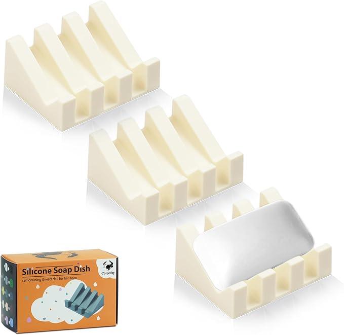 Self Draining Soap Dish Holder,Silicone Soap Dish,for Bathroom,Kitchen, Sponges，Can Extend Soap Life，Keep Soap Bars Dry and Easy Cleaning (Cream White,3-Pack) - Bloomnest
