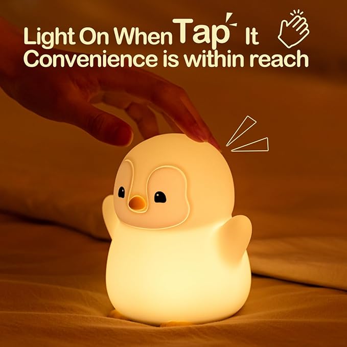 ATSUI Happy Penguin Night Light, LED Squishy Novelty Animal Lamp, Food Grade Silicone, 2 Level Dimmable, Nursery Nightlight for Desk Decor, Funny Gifts Stuff for Boys Girls Baby, White Elephant Gifts - Bloomnest