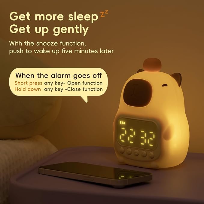 Capybara Alarm Clock with Night Light for Kids, Cute Toddler Alarm Clocks for Bedrooms Ok to Wake Clocks for Girls and Boys, Silicone Animal Tabletop Lamp for Kid, RGB Color - Bloomnest