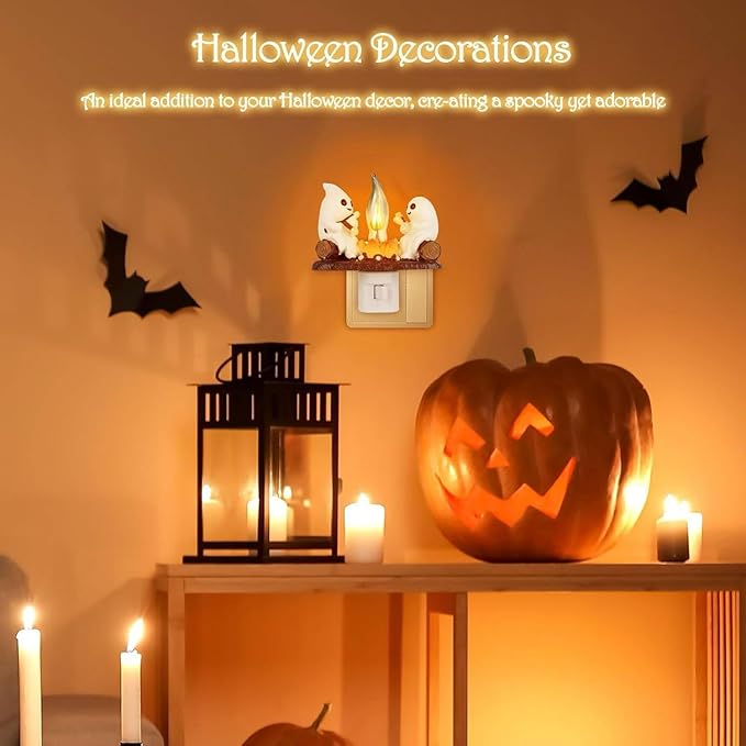 Ghost Campfire Night Light, White Plastic, LED Flickering Flame Effect, Indoor Decorative Wall Plug-in, Spooky Decor for Kids Bedroom - Bloomnest