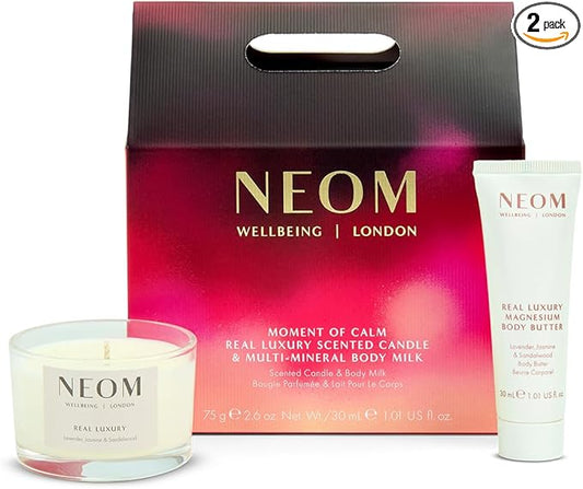 NEOM Moment of Calm Gift Set I Contains Real Luxury Travel Candle 75g Real Luxury Multi-Mineral Body Milk 30ml I 100% Natural scents I Lavender, Jasmine and Sandalwood