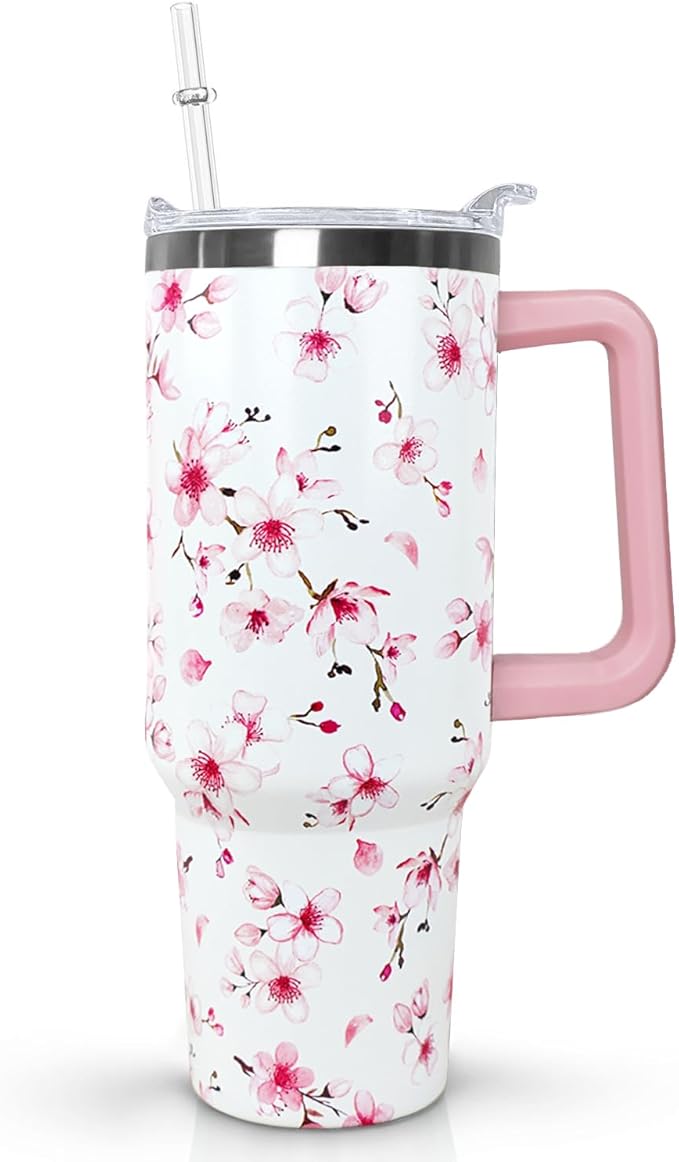 Ceovfoi 40oz Cherry Blossoms Insulated Stainless Steel Travel Tumbler with Handle, Lid and Straw, Pink Cherry Blossoms Floral Design, Perfect for Women, Adults, Home, Travel, Nursing - Bloomnest