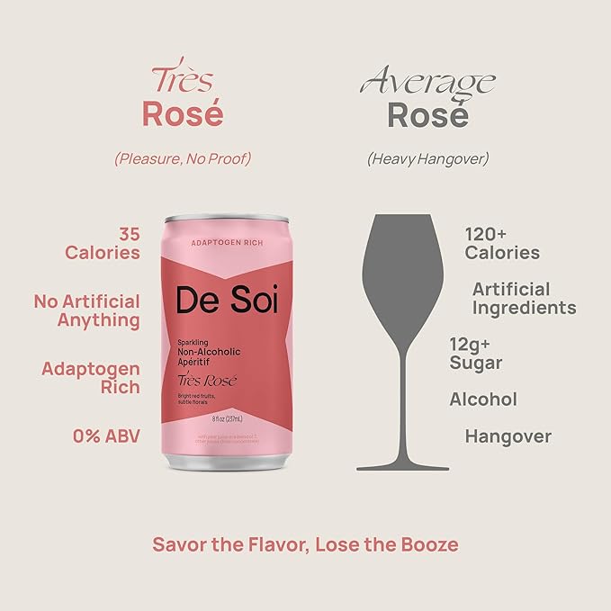 De Soi Très Rosé 12-Pack – Sparkling Non-Alcoholic Rosé-Inspired Drink with Adaptogens, L-Theanine, Lion’s Mane & Reishi Mushroom, Elegant Mocktail & Alcohol Alternative - Bloomnest