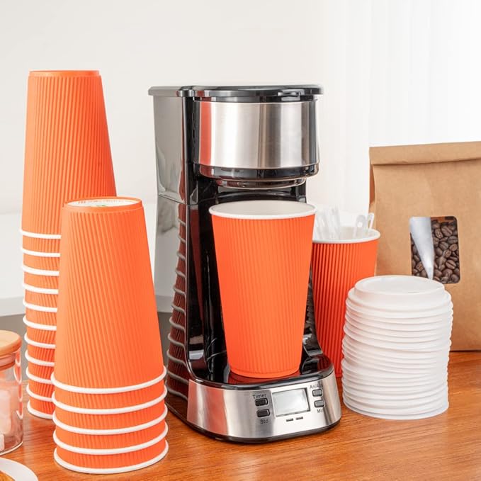 Restaurantware 16 Ounce Ripple Wall Disposable Coffee Cups, 500 Insulated Orange Paper Tumblers, Rolled Rim Design, Lids Sold Separately for Hot Drinks like Tea, Hot Chocolate and More - Bloomnest