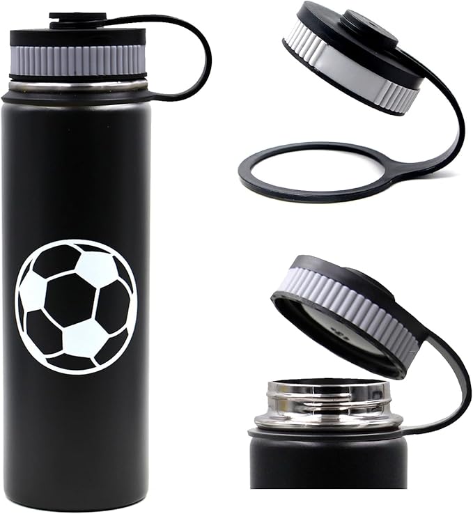 22 oz Soccer Water Bottle with Straw, Sports Flask Metal Travel Tumbler with 2 Lids, BPA Free Stainless Steel Double Wall Vacuum Insulated Leak Proof Thermo Water Bottles, Soccer Gifts for Boys Girls - Bloomnest