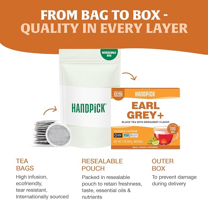 HANDPICK, Earl Grey Black Tea Bags (100 Count) Bergamot Oil | Caffeinated, Earl Grey Tea Bags | Flavoured With Citrus and Bergamot Brew Hot/Iced Tea with or without milk - Bloomnest