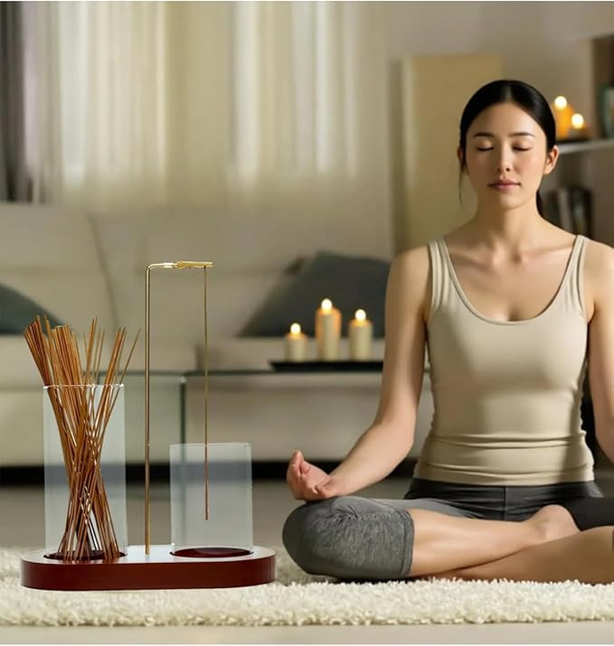 2 in 1 Glass Incense Holder for Sticks with 9-Hole Upright Burner, Ash Catcher, Cleaning Brush & Greeting Card, Meditation & Yoga Accessories,Gift for Home Decor (Light Base) - Bloomnest