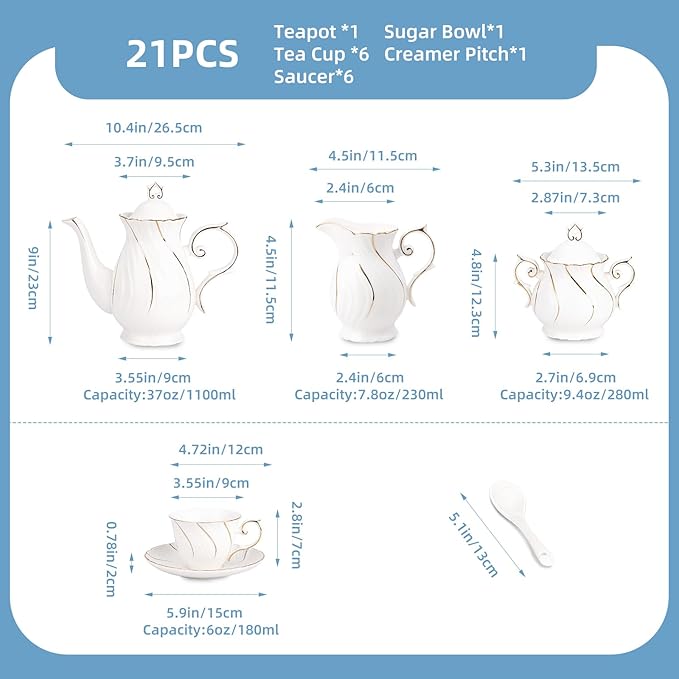 Tea Set 21-Piece Porcelain tea cups and saucers set of 6 with Sugar and Creamer Set & Teapot,teapot set for Adults, Women Tea Party,White - Bloomnest