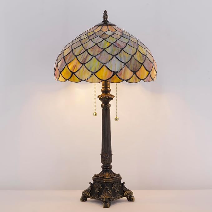 Tiffany Lamp Fish Scales Style Stained Glass Table Lamp Desk Reading Light 12X12X21 Inches with Resin Base Decor Bedroom Living Room - Bloomnest