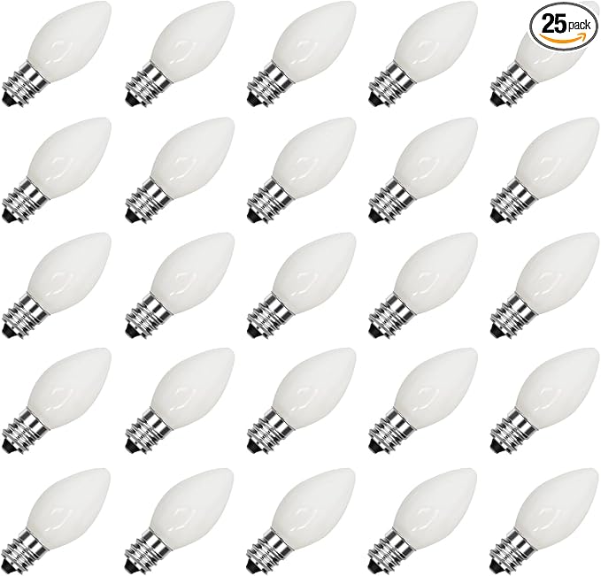 SUNSGNE C7 White Outdoor Christmas Replacement Light Bulbs, 5 Watt E12 Candelabra Base Bulbs - Great for Salt Lamp, Night Lights, Decorative Lights, Christmas Outdoor String Lights, Pack of 25 - Bloomnest