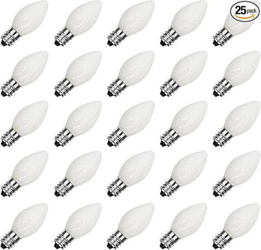 SUNSGNE C7 White Outdoor Christmas Replacement Light Bulbs, 5 Watt E12 Candelabra Base Bulbs - Great for Salt Lamp, Night Lights, Decorative Lights, Christmas Outdoor String Lights, Pack of 25 - Bloomnest