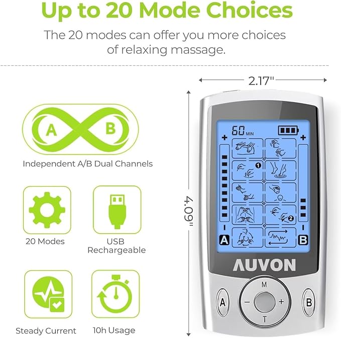 AUVON Dual Channel TENS Unit Muscle Stimulator Machine with 20 Modes, 2" and 2"x4" TENS Unit Electrode Pads AUVON