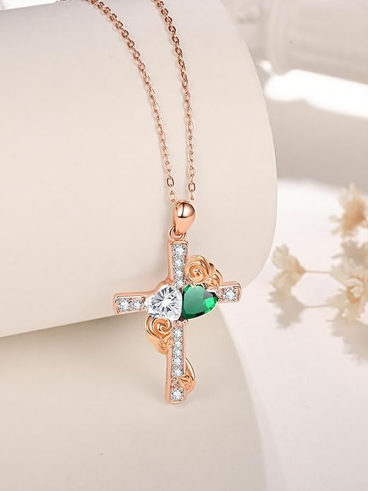 Rose Gold Dual Birthstones Cross Necklace for Women Rose Flower Jewelry Anniversary Christmas Mother's Valentine's Day Birthday Gift for Wife Girlfriend Mom - Bloomnest