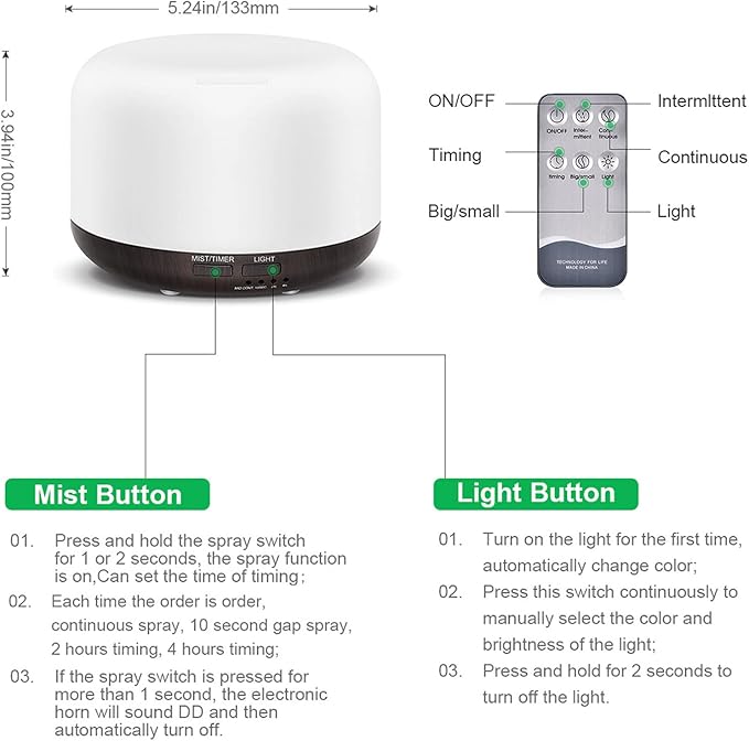 300ML Essential Oil Diffuser with Remote Control,Ultrasonic Aromatherapy Air Diffuser Humidifier,Aroma Diffuser with 7 LED Color Changing Light for Large Room,Home (Dark Wood Grain) - Bloomnest