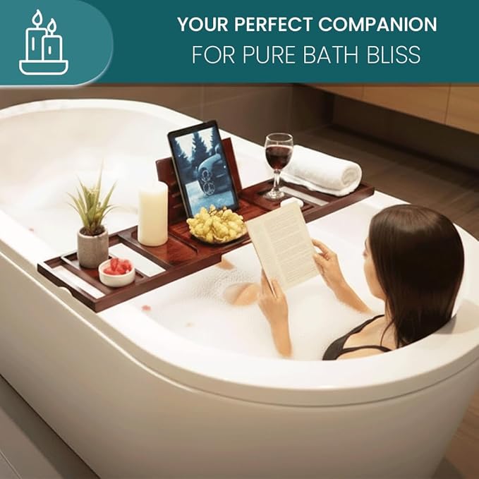 Bathtub Tray and Bath Pillows for Tub – Expandable Bamboo Bathtub Caddy with Phone & Wine Holder, Soft Bath Pillows for Tub & Head/Neck Support - Bloomnest