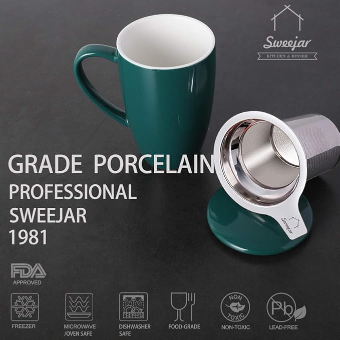 Sweejar Porcelain Tea Infuser Mug with Lid, 16 oz Teacup with Strainers for Loose Leaf Tea, Microwave and Dishwasher Safe Coffee Mug(New Jade) - Bloomnest