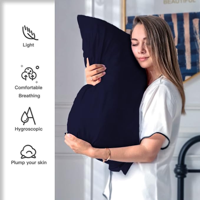 Natural Mulberry Silk Pillowcase for Hair and Skin Queen Size 20"X30" Pillow Case with Hidden Zipper Soft Breathable Smooth Cooling Silk Pillow Covers for Sleeping (Navy Blue,Queen,1Pcs) - Bloomnest
