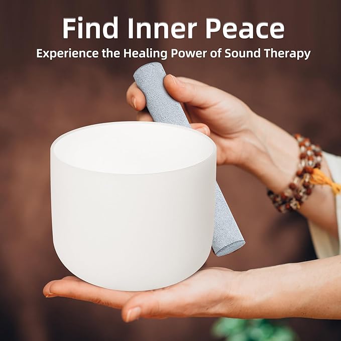 8 Inch F Note 432hz Heart Chakra Crystal Singing Bowl Healing Pure White with Carrying Case and Rubber Mallet Suede Strikers Oring - Bloomnest