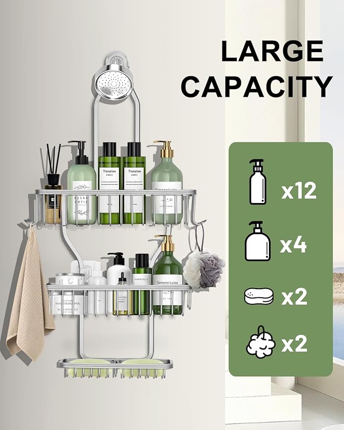 Shower Caddy Hanging - Never Rust Shower Hanging Organizer - Aluminum Over the ShowerHead Caddy with 6 Hooks for Razor/Sponge (Silver) - Bloomnest