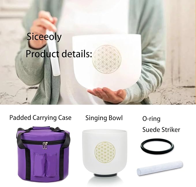8" C Note 432HZ Flower of Life Crystal Singing Bowl Frosted Quartz Root Base Chakra Meditation Sound Healing with Durable Carrying Case Suede Striker O-ring - Bloomnest