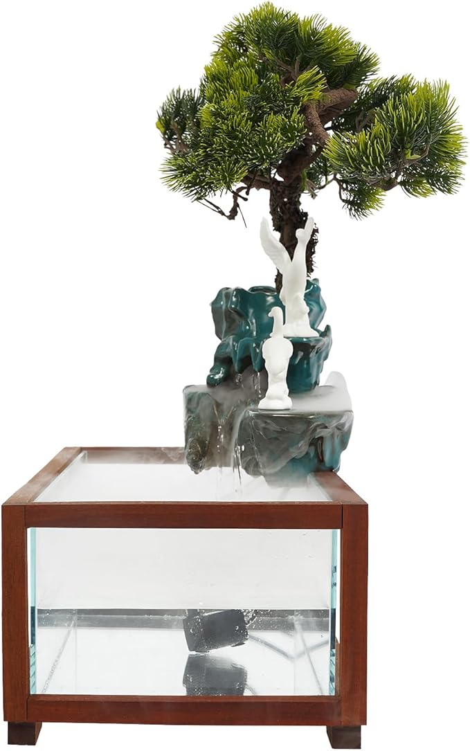 Antique-Style Tabletop Water Fountain with Fish Tank & Atomizer - Desktop Decor with Crane Statues, Simulated Pine, LED Light & Feng Shui Symbolism for Indoor Home/Office Decoration - Bloomnest