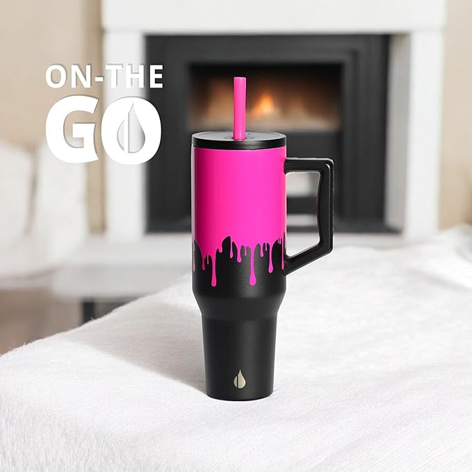 Elemental 40 oz Tumbler with Handle and Straw - Spill Proof Insulated Stainless Steel Commuter for Hot and Cold Beverages - Travel Coffee Mug with 2 Straws & Spill Proof Lid - 40oz - Hot Pink Drip - Bloomnest